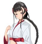  1girl black_eyes black_hair braid brown_hair commentary_request gradient_hair hakama japanese_clothes kantai_collection kimono light_smile long_hair looking_at_viewer mikagami_kagari miko multicolored_hair red_hakama simple_background single_braid smile solo split_mouth upper_body white_background white_kimono yamashio_maru_(kancolle) 