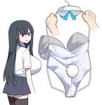  1girl akitokage01 bangs black_hair blue_bow blue_bowtie blunt_bangs bow bowtie bowtie_removed breasts brown_legwear collar collared_shirt cropped_arms detached_collar disembodied_limb eyebrows_visible_through_hair fake_tail from_side grey_skirt hair_between_eyes hair_ornament hairclip highres huge_breasts leotard long_hair looking_at_another miniskirt open_mouth original rabbit_tail rectangular_mouth shirt shirt_tucked_in short_sleeves sidelocks simple_background skirt solo_focus standing straight_hair sweatdrop tail thigh-highs turning_head very_long_hair violet_eyes white_background white_collar white_leotard white_shirt zettai_ryouiki 