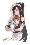  1girl alternate_costume bangs black_hair bow bowtie breasts closed_mouth cropped_legs english_text enmaided eyebrows_visible_through_hair finger_to_mouth girls_frontline hair_ornament hairclip happy_valentine highres holding long_hair looking_at_viewer maid maid_headdress medium_breasts orange_bow orange_bowtie orange_eyes qbz-191_(girls&#039;_frontline) shuzi side_ponytail solo standing valentine white_background 