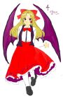  1girl absurdres arms_behind_back bat bat_wings black_footwear blonde_hair bow bowtie breasts closed_mouth collared_shirt commentary_request derivative_work elis_(touhou) eyebrows_visible_through_hair eyelashes facial_mark frilled_skirt frills full_body hair_bow happy highly_responsive_to_prayers highres korean_commentary kuya_(hey36253625) loafers long_hair long_skirt long_sleeves looking_at_viewer medium_breasts pink_bow pointy_ears purple_vest red_bow red_bowtie red_skirt shirt shoes simple_background skirt smile star_(symbol) star_wand touhou touhou_(pc-98) translation_request vest violet_eyes wand white_background white_legwear white_shirt wings 