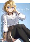  1girl absurdres bangs black_legwear blonde_hair blue-framed_eyewear blue_eyes blush braid braided_ponytail brown_skirt character_name closed_mouth collarbone copyright_name dress_shirt eyebrows_visible_through_hair fate/apocrypha fate/grand_order fate_(series) glasses hair_between_eyes hand_in_hair highres jeanne_d&#039;arc_(fate) jeanne_d&#039;arc_(fate/apocrypha) long_hair long_sleeves miniskirt ponytail shiny shiny_hair shirt sitting skirt smile solo thigh-highs toukan very_long_hair white_shirt zettai_ryouiki 