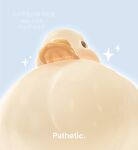  animal bird black_eyes blue_background duck english_text from_below highres kapebeansies looking_at_viewer looking_down meme no_humans original pathetic_(meme) solo sparkle 