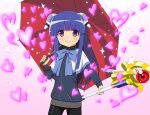  1girl bangs black_jacket black_legwear blue_bow blue_hair bow capelet closed_mouth commentary_request cosplay cosplay_request eyebrows_visible_through_hair furude_rika gaou_(babel) headgear heart higurashi_no_naku_koro_ni holding holding_umbrella holding_wand jacket long_hair long_sleeves pantyhose petals red_umbrella smile solo sparkle tamura_yukari umbrella very_long_hair violet_eyes voice_actor_connection wand white_capelet 