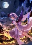  1girl ascot bangs bat_wings blue_bow bow closed_mouth clouds dress full_moon gradient_sky hair_bow hair_ribbon hat looking_at_viewer mob_cap moon night outdoors petticoat pink_dress pink_headwear pointy_ears red_ascot red_eyes red_ribbon remilia_scarlet ribbon sakizaki_saki-p short_sleeves sky solo touhou wings 
