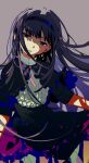  1girl absurdres akemi_homura ame_(10286367) black_hair dress eyebrows_visible_through_hair highres long_hair mahou_shoujo_madoka_magica open_mouth ribbon simple_background very_long_hair 