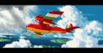  aircraft airplane black_border blue_sky border clouds cloudy_sky flying flying_boat highres island italian_flag kurenai_no_buta mac_naut ocean scenery sky studio_ghibli 