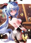  1girl :o absurdres animal_ears ass back bangs bar black_legwear black_leotard blue_hair blurry blurry_background blush breasts bug butterfly curled_horns eyebrows_visible_through_hair fantongjun flower_knot ganyu_(genshin_impact) garters genshin_impact glint goat_horns heart heart-shaped_pupils highres horns leotard long_hair looking_at_viewer looking_back medium_breasts playboy_bunny rabbit_ears rabbit_tail red_eyes solo_focus symbol-shaped_pupils tail very_long_hair vision_(genshin_impact) 