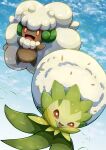  :d brown_eyes clouds commentary_request day eldegoss happy highres leaves_in_wind no_humans open_mouth orange_eyes outdoors pokemon pokemon_(creature) signature sky smile tanpakuroom tongue whimsicott 