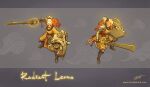  1girl alternate_costume armor armored_boots bangs bead_necklace beads blonde_hair boots character_name commentary facial_mark forehead_mark glowing grey_background holding holding_shield holding_sword holding_weapon japanese_clothes jewelry kimono league_of_legends leona_(league_of_legends) long_hair necklace orange_kimono shield shoulder_armor signature sword thorsten_erdt weapon web_address 