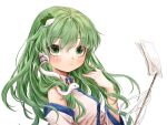  1girl 80isiiii bangs bare_shoulders blush breasts closed_mouth detached_sleeves expressionless eyebrows_visible_through_hair frog_hair_ornament gohei green_eyes green_hair hair_between_eyes hair_ornament hair_tubes hand_up holding holding_stick kochiya_sanae long_hair long_sleeves medium_breasts shirt simple_background snake_hair_ornament solo stick touhou upper_body white_background white_shirt wide_sleeves wing_collar 