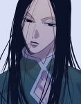  1boy black_eyes black_hair expressionless hair_in_mouth hunter_x_hunter illumi_zoldyck long_hair looking_at_viewer male_focus official_alternate_costume pitatann simple_background solo 