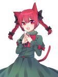  1girl :d animal_ears bangs black_bow bow bowtie braid cat_ears cat_tail cowboy_shot dress extra_ears eyebrows_visible_through_hair frills green_dress hair_between_eyes hair_bow hair_ribbon hands_up juliet_sleeves kaenbyou_rin light_blush long_hair long_sleeves looking_at_viewer open_mouth puffy_sleeves red_bow red_bowtie red_eyes redhead renka_(sutegoma25) ribbon simple_background smile solo steepled_fingers tail touhou tress_ribbon twin_braids twintails white_background 