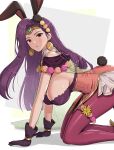  1girl all_fours alternate_costume animal_ears breasts brown_eyes cape earrings eyeshadow fake_animal_ears fire_emblem fire_emblem_echoes:_shadows_of_valentia gloves gonzarez highres jewelry kneeling large_breasts looking_at_viewer makeup pantyhose playboy_bunny purple_hair rabbit_ears see-through sonya_(fire_emblem) 