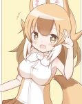  +++ 1girl :d animal_ear_fluff animal_ears bare_arms bare_shoulders blush breasts brown_eyes brown_hair brown_skirt commentary_request dhole_(kemono_friends) gradient_hair highres kemono_friends long_hair looking_at_viewer medium_breasts multicolored_hair pleated_skirt shirt skirt sleeveless sleeveless_shirt smile solo sunanuko_(ramuneko) tail white_shirt yellow_background 
