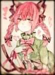  1girl \||/ adapted_costume animal_ear_fluff animal_ears black_bow blurry blush bow braid breasts cat_ears cat_tail center_frills closed_mouth depth_of_field dress extra_ears eyebrows_visible_through_hair frills green_dress hair_bow hair_ribbon hand_on_own_chest hand_up kaenbyou_rin long_hair looking_at_viewer multiple_tails nekomata red_eyes red_ribbon redhead renka_(sutegoma25) ribbon small_breasts smile solo tail touhou tress_ribbon twin_braids twintails two_tails upper_body vignetting wrist_ribbon 