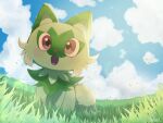 :d animal_focus clouds commentary_request day fangs grass highres no_humans open_mouth outdoors pokemon pokemon_(creature) red_eyes sky smile solo sprigatito tampal_(kuu_386) tongue 