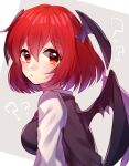  1girl :/ ? ?? bangs bat_wings black_vest blush breasts closed_mouth eyebrows_visible_through_hair from_side grey_background head_wings koakuma long_sleeves looking_at_viewer medium_breasts necktie red_eyes red_necktie redhead renka_(sutegoma25) shirt short_hair simple_background solo touhou upper_body vest white_shirt wings 