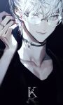  1boy black_shirt blue_eyes choker closed_mouth collarbone earrings glasses highres jewelry koshika_rina looking_at_viewer male_focus original ring shirt short_hair smile solo v-neck white_hair 