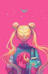  1girl back backpack bag bishoujo_senshi_sailor_moon blonde_hair blue_jacket collared_jacket crescent crescent_moon double_bun facing_away geneva_bowers highres jacket long_hair looking_away moon pale_skin pink_background sailor_moon tsukino_usagi twintails wand 