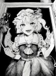  1girl :d ascot bangs collarbone cowboy_shot crystal doorway eyebrows_visible_through_hair fang flandre_scarlet frilled_shirt_collar frills greyscale hands_up hat hat_ribbon holding holding_polearm holding_weapon laevatein_(touhou) laspberry. looking_at_viewer lower_teeth mob_cap monochrome one_side_up polearm ribbon short_hair skirt smile solo teeth touhou vest weapon wings 