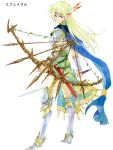  1girl agahari armor armored_boots arrow_(projectile) bangs blonde_hair blue_cape boots bow_(weapon) breasts cape dual_wielding elf feather_hair_ornament feathers floating_hair fringe_trim from_behind full_body green_skirt hair_ornament headband holding holding_bow_(weapon) holding_sword holding_weapon legs_apart long_hair looking_at_viewer looking_back lost_technology non-web_source pants pauldrons plant pointy_ears popped_collar sash scabbard sheath short_sleeves shoulder_armor simple_background skirt solo standing straight_hair sword unsheathed vambraces vines violet_eyes weapon white_background yellow_pants 