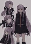  1girl 5_106y absurdres bangs black_gloves black_jacket black_ribbon braid brown_necktie child collared_shirt danganronpa:_trigger_happy_havoc danganronpa_(series) danganronpa_3_(anime) danganronpa_kirigiri eyebrows_visible_through_hair gloves grey_background hair_ribbon highres jacket kirigiri_kyouko kneehighs long_hair long_sleeves multiple_views necktie open_clothes open_jacket ponytail purple_hair ribbon shirt simple_background skirt smile twin_braids twintails violet_eyes 