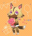  1boy animal_crossing animal_ears animal_feet animal_nose balloon black_shirt body_fur bottomless bouquet box bright_pupils brown_fur commentary_request dated flower full_body furry furry_male gift gift_box half-closed_eyes hand_on_own_cheek hand_on_own_face hand_up happy_birthday highres holding holding_bouquet kureson_(hayama_baa) kyle_(animal_crossing) looking_at_viewer male_focus orange_background outline polka_dot polka_dot_background red_flower red_rose rose shirt sleeveless sleeveless_shirt snout solo standing string_of_flags tail violet_eyes white_fur white_outline white_pupils wolf_boy wolf_ears wolf_tail yellow_fur 