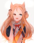  1girl absurdres animal_ears archetto_(arknights) arknights blue_eyes blush bow commentary_request dress fang gupipy hair_bow heterochromia highres long_hair open_mouth orange_hair red_bow red_eyes short_sleeves sidelocks simple_background skin_fang solo upper_body white_background 