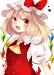  1girl ascot bangs blonde_hair blush bow breasts buttons collared_shirt crystal dress eyebrows_visible_through_hair eyes_visible_through_hair fang flandre_scarlet frilled_shirt_collar frills hair_between_eyes hat hat_bow heart hyaku_paasento jewelry looking_to_the_side medium_breasts mob_cap multicolored_wings one_side_up open_mouth puffy_short_sleeves puffy_sleeves red_bow red_dress red_eyes shirt short_hair short_sleeves simple_background smile solo symbol-only_commentary tongue touhou upper_body white_background white_headwear white_shirt wings yellow_ascot 