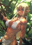  1girl abs blonde_hair blue_eyes breasts commentary_request cowboy_shot day elf eyebrows_visible_through_hair highres long_hair looking_at_viewer medium_breasts mikel_(4hands) muscular muscular_female navel original outdoors pointy_ears solo tree water 