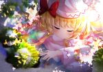  1girl absurdres blonde_hair blush closed_eyes closed_mouth dress eyebrows_visible_through_hair fairy hat highres lily_white long_hair long_sleeves nettian51 sleeping snow solo sparkle touhou white_dress white_headwear wide_sleeves 