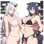  2girls ^_^ animal_ear_fluff animal_ears arknights asymmetrical_docking bangs bare_shoulders bikini black_gloves black_hair breast_press breasts brown_eyes closed_eyes commentary cowboy_shot english_commentary eyebrows_visible_through_hair fingerless_gloves gloves groin hair_between_eyes hand_on_hip hanenosaki highres lappland_(arknights) large_breasts long_hair multiple_girls navel scar scar_across_eye silver_hair simple_background smile standing stomach swimsuit tail texas_(arknights) very_long_hair white_background white_bikini wolf_ears wolf_tail 