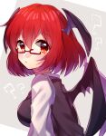  1girl :/ ? ?? bangs bat_wings bespectacled black_vest blush breasts closed_mouth eyebrows_visible_through_hair from_side glasses grey_background head_wings koakuma long_sleeves looking_at_viewer medium_breasts necktie red_eyes red_necktie redhead renka_(sutegoma25) semi-rimless_eyewear shirt short_hair simple_background solo touhou upper_body vest white_shirt wings 