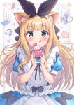  1girl :q akabane_(zebrasmise) animal_ears bangs black_bow black_hairband blonde_hair blunt_bangs blush bow cake cat_ears dress eyebrows_visible_through_hair food green_eyes hairband highres holding holding_food long_hair looking_at_viewer mononobe_alice nijisanji puffy_short_sleeves puffy_sleeves short_sleeves solo tongue tongue_out virtual_youtuber 