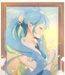  1girl bare_arms blue_eyes blue_hair blue_necktie closed_mouth collared_shirt floating_hair flower framed half-closed_eyes hatsune_miku highres holding holding_flower long_hair nape necktie petals profile shiny shiny_hair shirt sleeveless sleeveless_shirt smile solo twintails ufff8522 upper_body very_long_hair vocaloid white_flower white_shirt wing_collar 