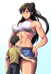  1boy 1girl abs belt belt_buckle black_hair black_pants blue_eyes blush brown_belt brown_hair buckle closed_eyes cutoffs denim denim_shorts giant giantess hands_on_another&#039;s_thighs hands_on_hips highres kiss midriff muscular muscular_female navel open_mouth original pants ponytail raised_eyebrows shirt shorts size_difference sports_bra tall_female toothbrushking white_sports_bra yellow_shirt 