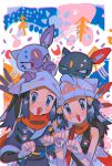  2girls :3 akari_(pokemon) beanie claws forehead_jewel galaxy_expedition_team_survey_corps_uniform hat head_scarf highres hikari_(pokemon) hinann_bot hisuian_sneasel looking_at_viewer multiple_girls on_head open_mouth paw_pose pokemon pokemon_(creature) pokemon_(game) pokemon_dppt pokemon_legends:_arceus pokemon_on_head red_scarf scarf sneasel upper_body white_headwear 