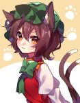  1girl :3 animal_ear_fluff animal_ears blush bow bowtie breasts brown_background brown_hair cat_ears cat_tail chen closed_mouth earrings from_side gold_trim green_bow green_bowtie green_headwear hair_between_eyes hat jewelry juliet_sleeves leaning_forward long_sleeves looking_at_viewer medium_breasts mob_cap multiple_tails nekomata puffy_sleeves red_vest renka_(sutegoma25) short_hair simple_background single_earring solo star-shaped_pupils star_(symbol) symbol-shaped_pupils tail touhou two_tails upper_body v-shaped_eyebrows vest 