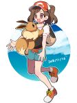  1girl aqua_shorts backpack bag bangs baseball_cap blue_background blue_sky blush brown_eyes brown_hair clouds commentary_request dated day eevee elaine_(pokemon) eye_contact eyebrows_visible_through_hair full_body fur_collar happy hat imminent_hug jumping kureson_(hayama_baa) leg_up looking_at_another looking_down looking_up medium_hair multicolored_shirt open_mouth outdoors outline outstretched_arms pawpads poke_ball_symbol poke_ball_theme pokemon pokemon_(creature) pokemon_(game) pokemon_lgpe ponytail puffy_short_sleeves puffy_sleeves red_footwear red_headwear shirt shoes short_shorts short_sleeves shorts sidelocks sky smile standing standing_on_one_leg teeth two-tone_background violet_eyes white_background white_outline 