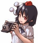 1girl black_hair black_ribbon buttons camera collared_shirt happy hat holding holding_camera looking_at_viewer open_mouth pointy_ears pom_pom_(clothes) puffy_short_sleeves puffy_sleeves ranma_(kamenrideroz) red_eyes red_headwear ribbon shameimaru_aya shirt short_sleeves simple_background teeth tokin_hat touhou upper_body upper_teeth white_background white_shirt 