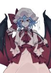  1girl absurdres bat_wings blue_hair bow dress frilled_shirt frilled_shirt_collar frilled_sleeves frills hair_between_eyes hat highres himadera looking_at_viewer mob_cap puffy_sleeves red_bow red_eyes red_ribbon remilia_scarlet ribbon shirt short_hair simple_background solo touhou twitter_username vampire white_background wings 