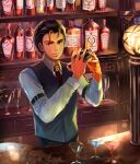  absurdres alcohol alternate_costume bartender black_hair black_vest bottle commission commissioner_upload cup drinking_glass fire_emblem fire_emblem:_thracia_776 fire_emblem_heroes highres long_sleeves male_focus reinhardt_(fire_emblem) shaking shirt skeb_commission solo vest white_shirt yoshidasetsu 