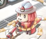  belt clothed_pokemon commentary_request drain_(object) firefighter firefighter_jacket fuecoco helmet holding hose jacket looking_down mukiguri no_humans open_mouth pokemon pokemon_(creature) solo 