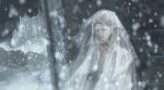  1girl company_captain_yorshka dark_souls_(series) dress facial_mark grey_background jewelry light_brown_hair long_hair outdoors pointy_ears seeker snowflakes snowing solo tiara upper_body veil wall white_dress 