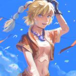  1girl bandages blonde_hair blue_eyes breasts chrono_cross clouds crop_top gloves jewelry kid_(chrono_cross) long_hair looking_at_viewer machibari2 midriff multi-tied_hair navel necklace open_mouth ponytail smile solo vest 