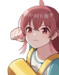  ahoge backpack bag bangs biting blush clenched_hand collarbone commentary_request eyebrows_visible_through_hair hair_between_eyes idolmaster idolmaster_shiny_colors imminent_punch kamille_(vcx68) komiya_kaho lip_biting long_hair long_sleeves looking_at_viewer randoseru red_eyes redhead shirt solo white_background yellow_bag 