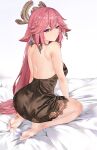  1girl absurdres animal_ears arm_support bangs bare_back bare_legs bare_shoulders barefoot bed_sheet breasts dress earrings fox_ears from_behind gem genshin_impact halo halterneck highres jewelry lace-trimmed_dress lace_trim lingerie long_hair negligee nightgown on_bed parted_lips pink_hair plantar_flexion ritalem seiza short_dress sitting sleepwear sleeveless soles solo toes underwear very_long_hair violet_eyes white_background yae_miko 