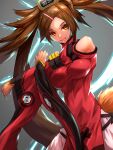 1girl absurdres arms_up bangs bare_shoulders breasts brown_hair can china_dress chinese_clothes detached_sleeves dress guilty_gear guilty_gear_xrd hair_ornament hair_ring hairclip highres kuradoberi_jam large_breasts long_hair looking_at_viewer shaded_face skin_tight skirt solo stretch swept_bangs twintails ura_dora wide_sleeves yellow_eyes