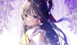 1girl :/ ascot bangs bare_shoulders blurry blurry_foreground blush bow brown_eyes brown_hair depth_of_field expressionless eyebrows_visible_through_hair flower frilled_bow frilled_hair_tubes frilled_shirt_collar frills hair_bow hair_tubes hakurei_reimu light_particles long_hair looking_at_viewer overexposure ragi_(diabolik_angle) red_bow red_vest sidelocks solo swept_bangs touhou upper_body vest wisteria yellow_ascot 