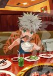  1boy alternate_eye_color bowl chopsticks eating food green_eyes grill highres holding holding_bowl holding_chopsticks hunter_x_hunter killua_zoldyck male_focus meat mito_tomiko restaurant rice_bowl solo white_hair 